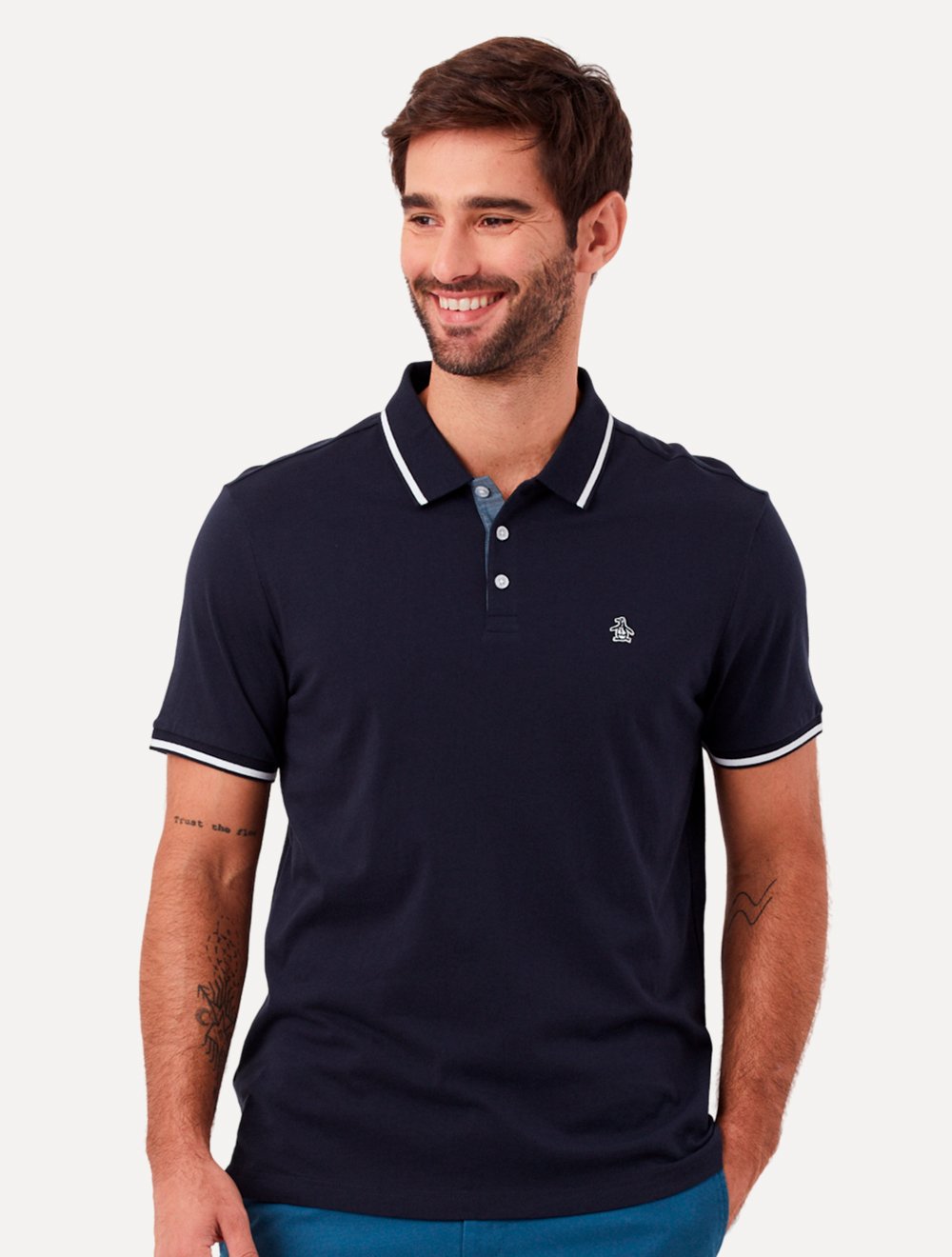 Polo Original Penguin Masculina Malha Jersey Lisa Frisos Azul Marinho