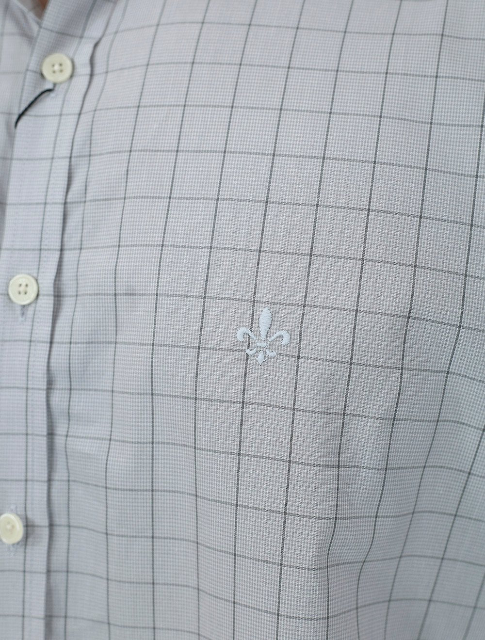 Camisa Dudalina Masculina Manga Curta Confort Superfine Cotton Light Logo Xadrez Cinza Claro