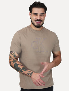 Camiseta Calvin Klein Masculina Meia Malha Big CK Logo Caqui Médio