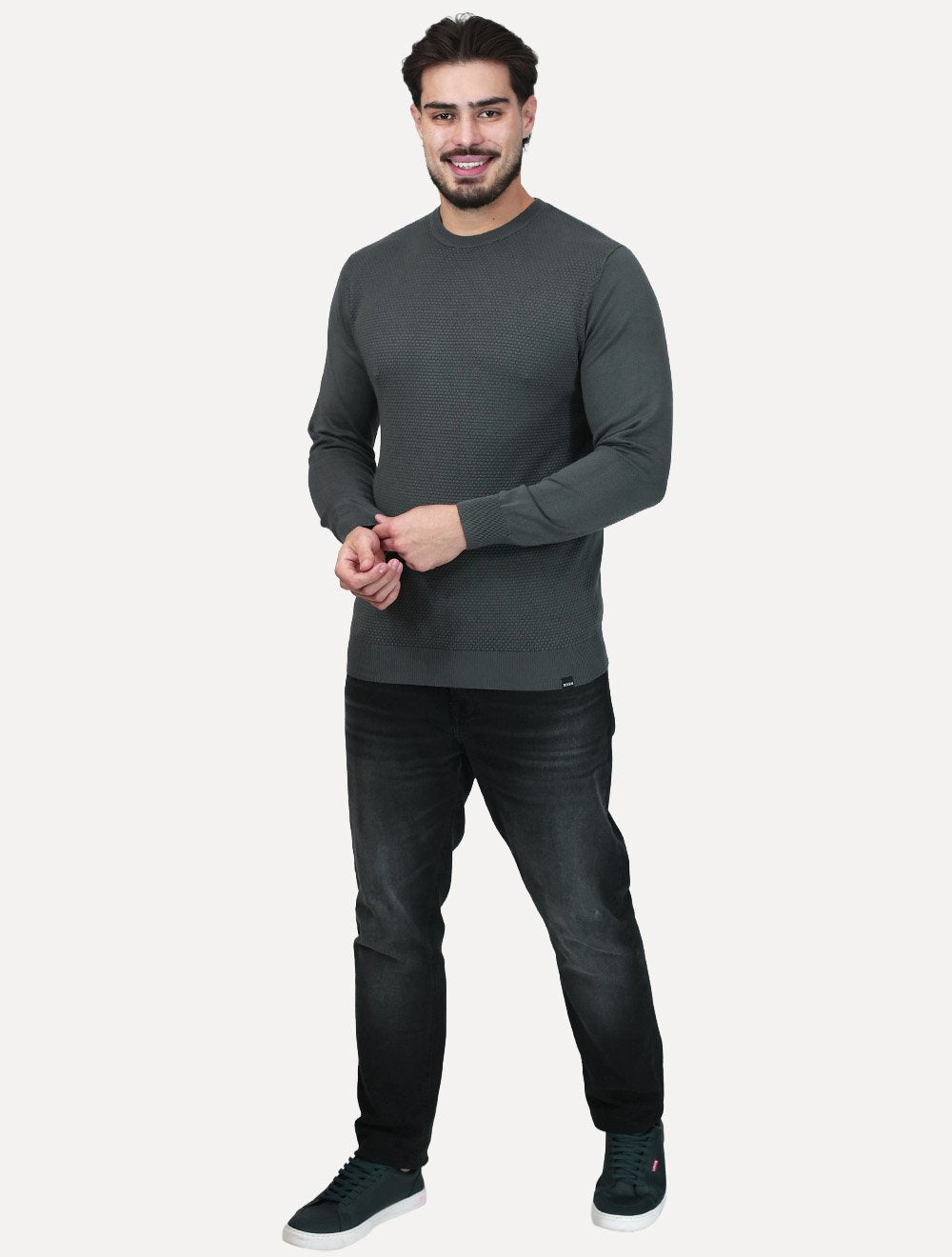 Suéter Dixen Masculina Tricot Manga Longa Frente Texturizada Cinza
