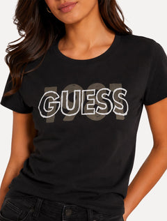 Camiseta Guess Feminina 1981 Logo Bicolor Preta