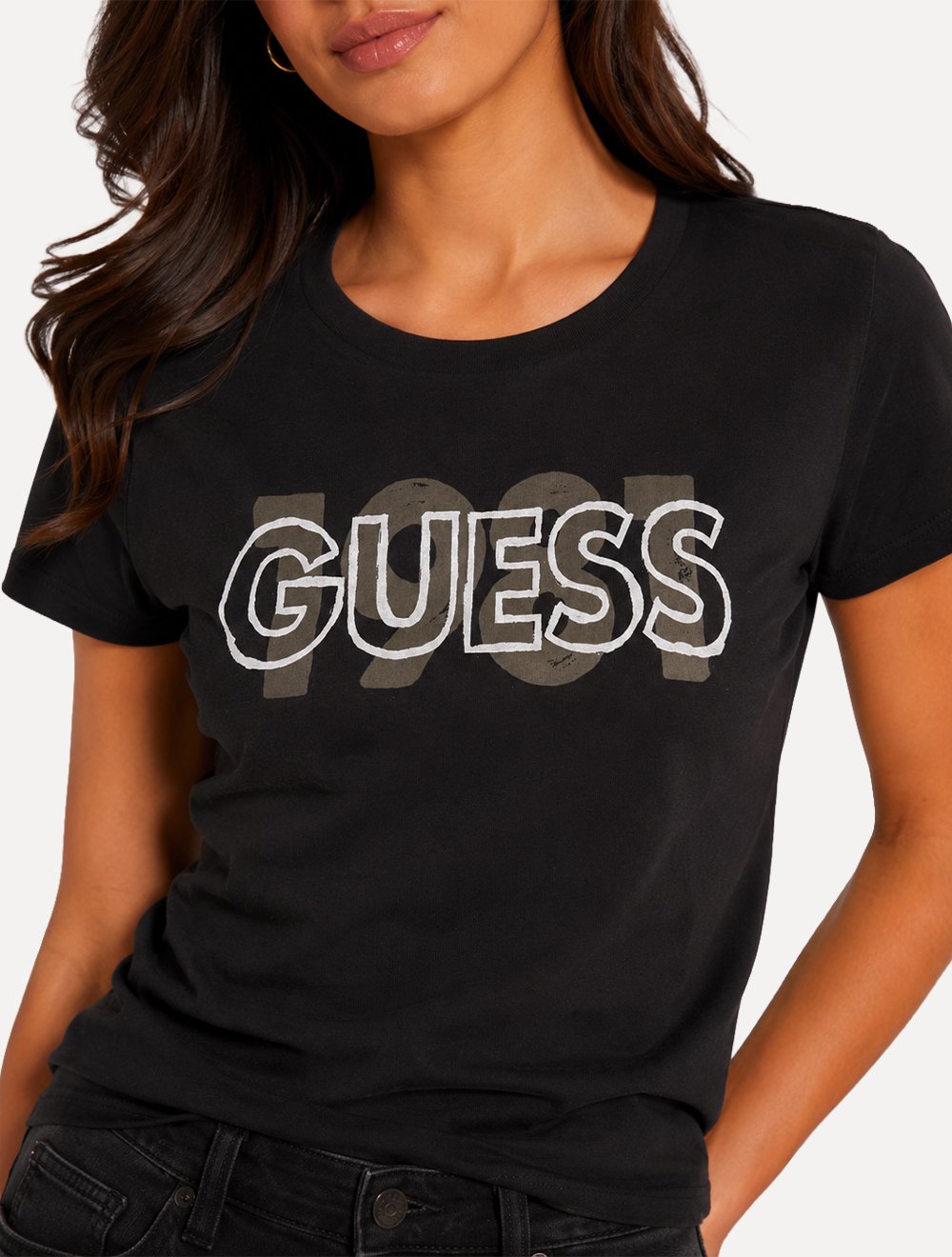 Camiseta Guess Feminina 1981 Logo Bicolor Preta