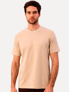 Camiseta Calvin Klein Masculina Gola Alta Friso Logo Bordado Cáqui Claro