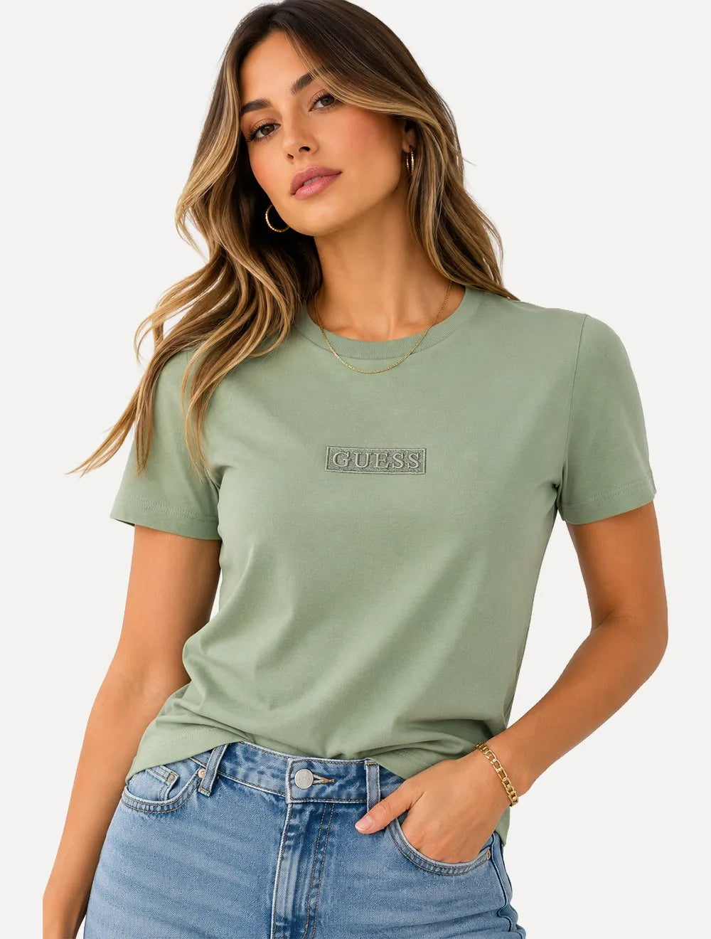 Camiseta Guess Feminina Patch Small Logo Verde Claro