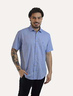 Camisa Dudalina Masculina Manga Curta Comfort Fit Slub Cotton Flame Azul Médio