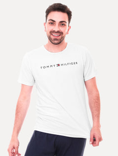 Pijama Tommy Hilfiger Masculino Manga Curta Calça Essentials Set Branco/Marinho