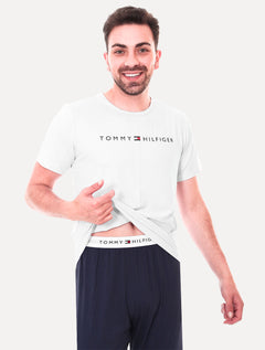 Pijama Tommy Hilfiger Masculino Manga Curta Calça Essentials Set Branco/Marinho