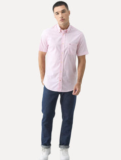 Camisa Tommy Hilfiger Masculina Manga Curta Pocket Gingham Branca/Rosa Claro
