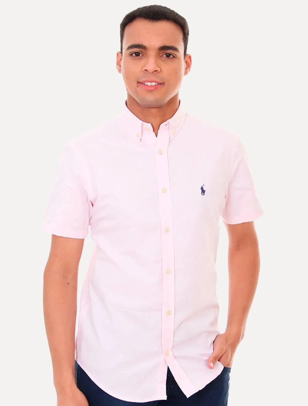 Camisa Ralph Lauren Masculina Manga Curta Custom Fit Oxford Rosa