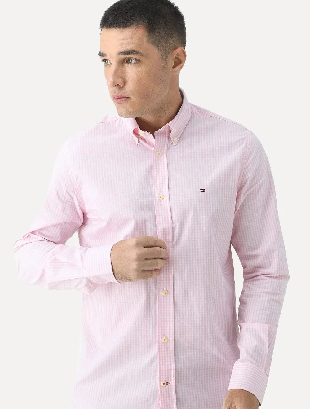 Camisa Tommy Hilfiger Masculina Xadrez Gingham Branca/Rosa Claro