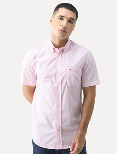 Camisa Tommy Hilfiger Masculina Manga Curta Xadrez Gingham Branca/Rosa Claro