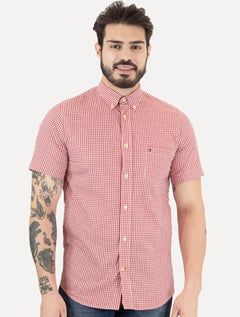Camisa Tommy Hilfiger Masculina Manga Curta Xadrez Gingham Branca/Vermelha