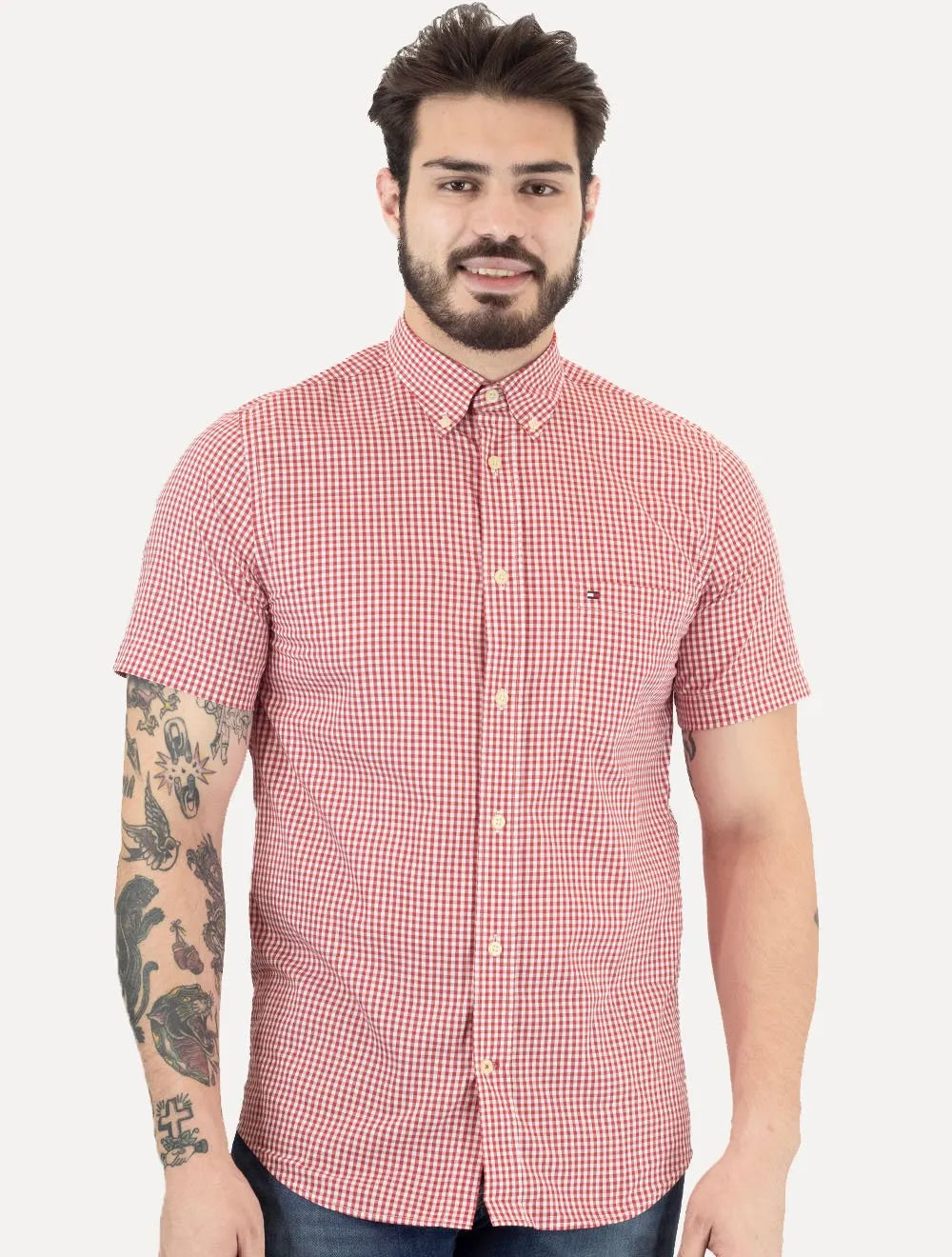 Camisa Tommy Hilfiger Masculina Manga Curta Xadrez Gingham Branca/Vermelha