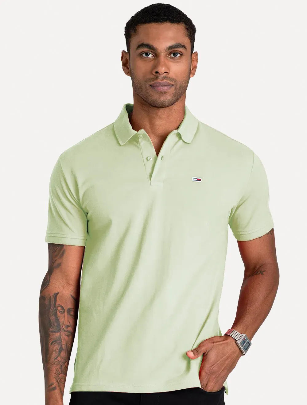 Polo Tommy Jeans Masculina Slim Piquet Flag Placket Verde Claro