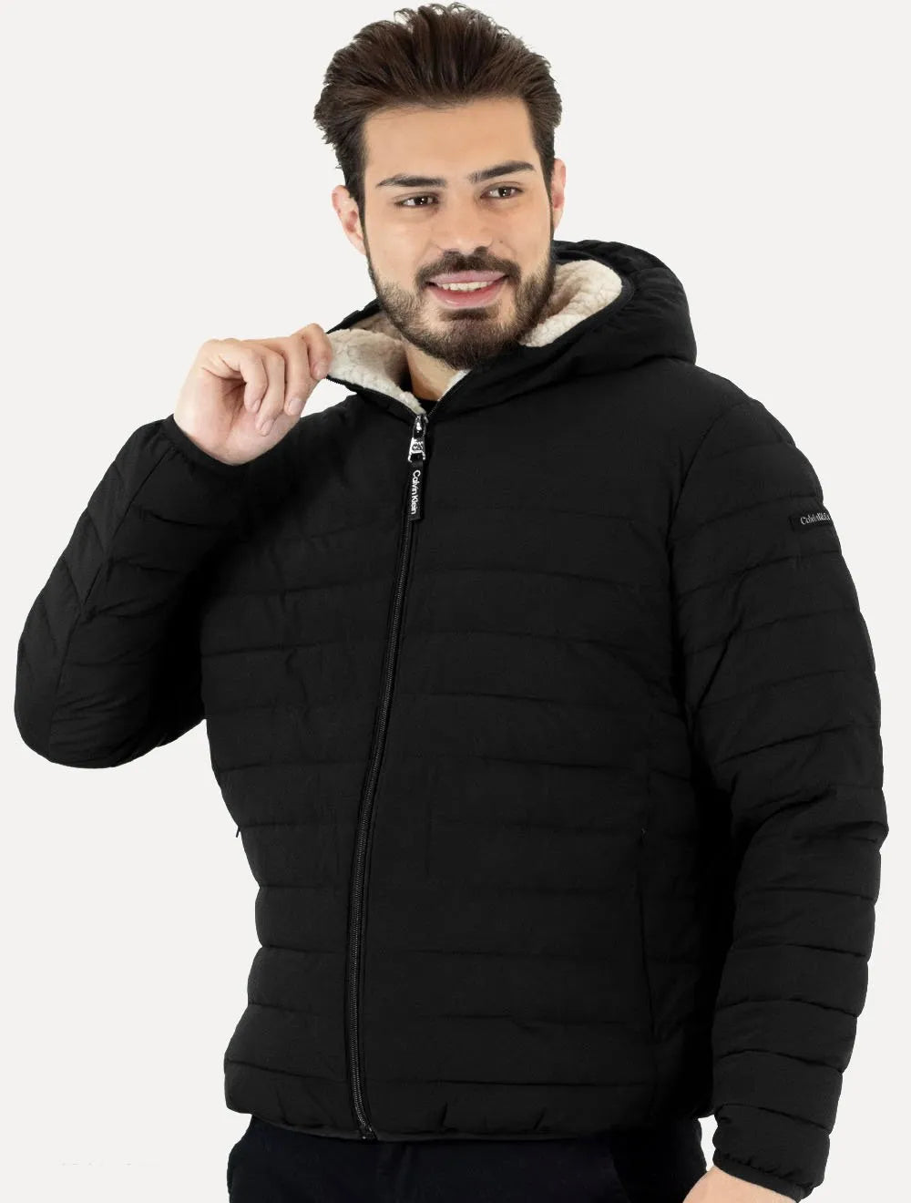 Jaqueta Calvin Klein Masculina Hoodie Matelassê Sherpa Preta