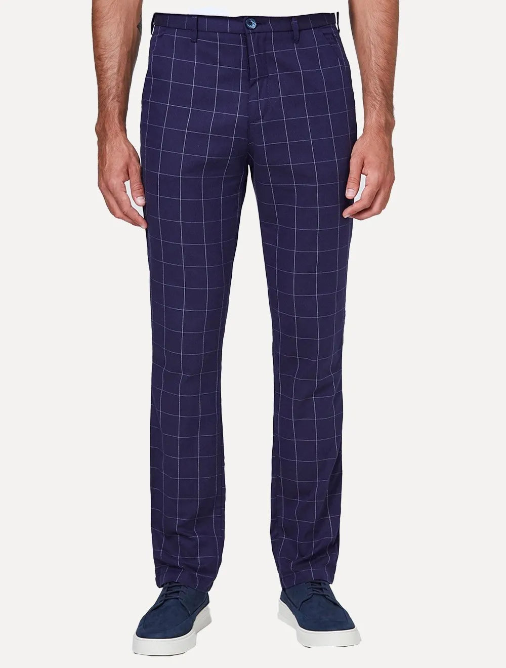 Calça Dudalina Masculina Sarja Slim Chino Xadrez Azul Marinho