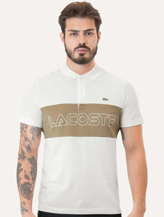 Polo Lacoste Masculina Regular Piquet Stretch Khaki Colorblock Branca
