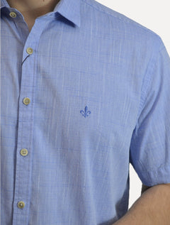 Camisa Dudalina Masculina Manga Curta Comfort Fit Slub Cotton Flame Azul Médio