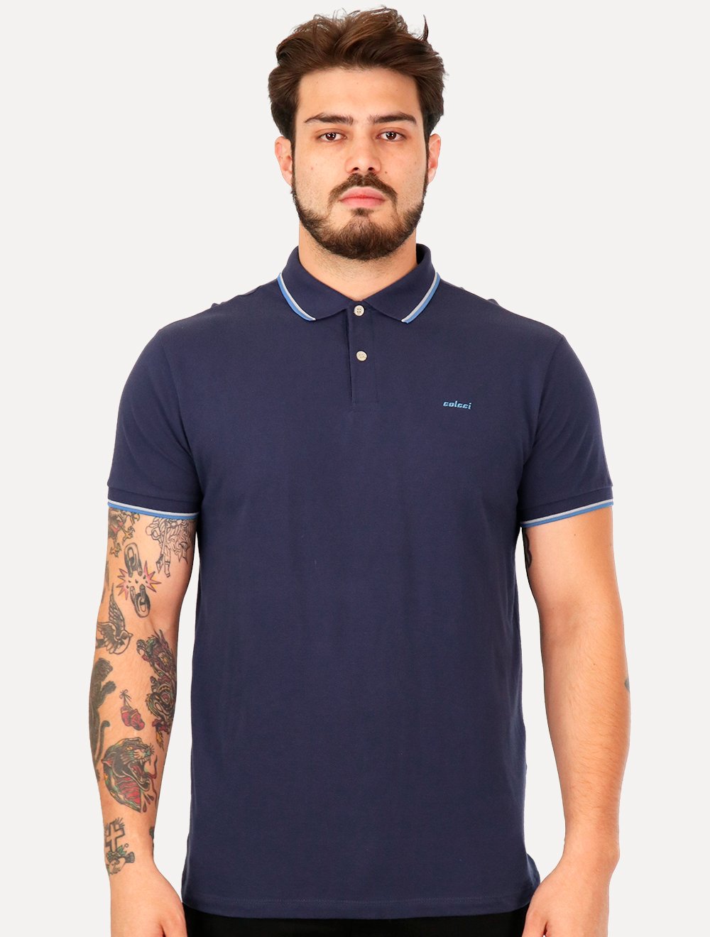 Polo Colcci Masculina Piquet Blue Logo Friso Azul Escuro