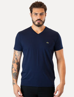 Camiseta Lacoste Masculina Jersey Pima Cotton Gola V Azul Marinho
