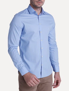 Camisa Dudalina Masculina Milano Tricoline Lisa Stretch Azul Médio