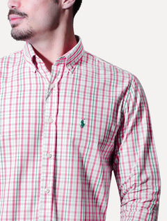 Camisa Ralph Lauren Masculina Custom Fit Atenas Xadrez Coral/Branca