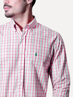 Camisa Ralph Lauren Masculina Custom Fit Atenas Xadrez Coral/Branca