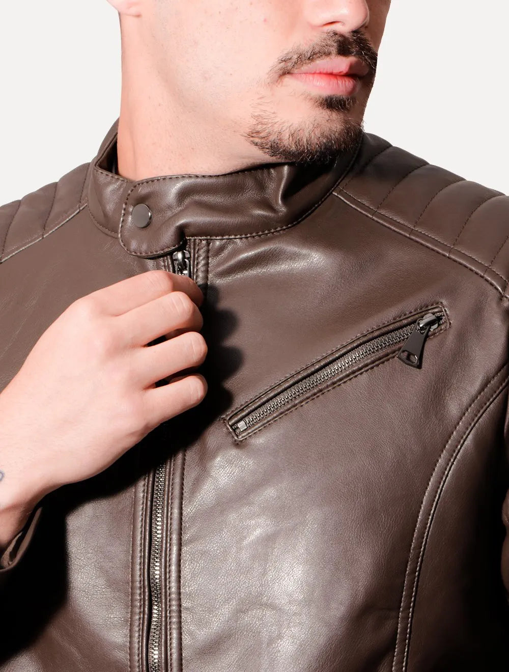 Jaqueta Victory Eagle Masculina PU Leather Zip Chest Marrom