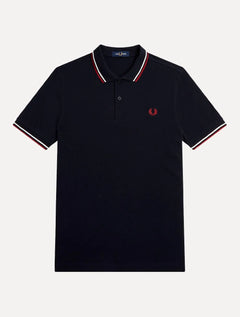 Polo Fred Perry Masculina Piquet Regular Burnt Twin Tipped Azul Marinho