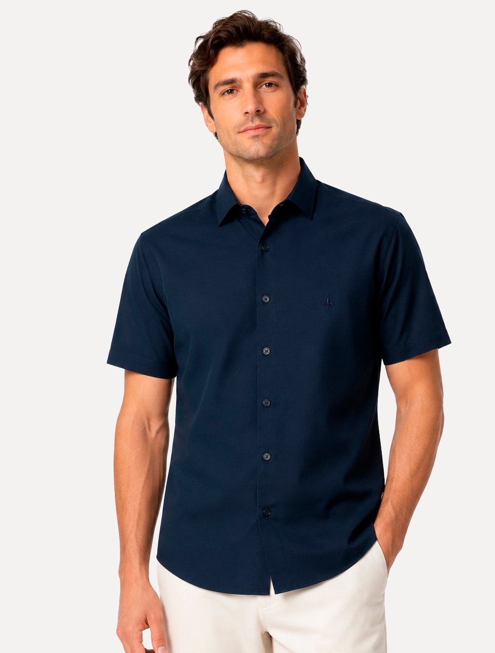 Camisa Dudalina Masculina Manga Curta Slim Superfine Cotton Tricoline Lisa Azul Marinho