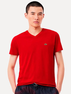 Camiseta Lacoste Masculina Jersey Pima Cotton Gola V Vermelha