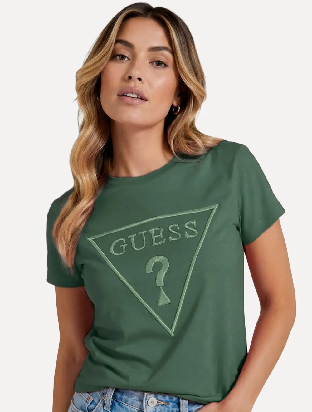 Camiseta Guess Feminina Bust Embroidery Logo Verde Escuro