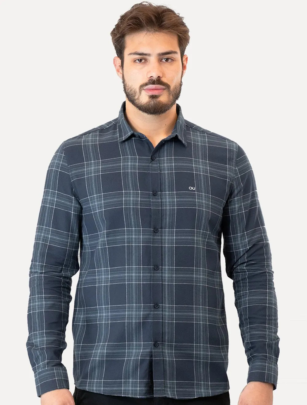 Camisa Calvin Klein Jeans Masculina Slim Navy Flannel Xadrez Azul Marinho