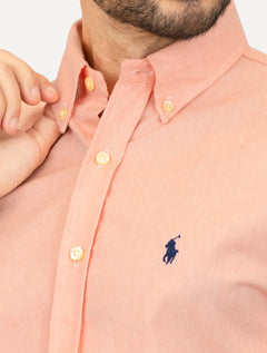 Camisa Ralph Lauren Masculina Manga Curta Oxford Navy Logo Salmão Mescla