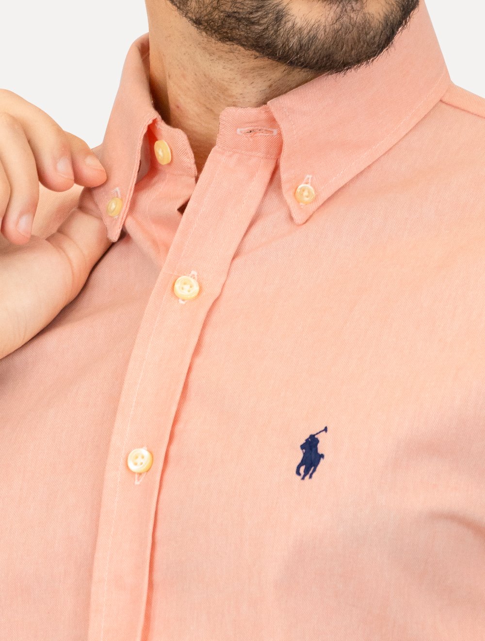 Camisa Ralph Lauren Masculina Manga Curta Oxford Navy Logo Salmão Mescla