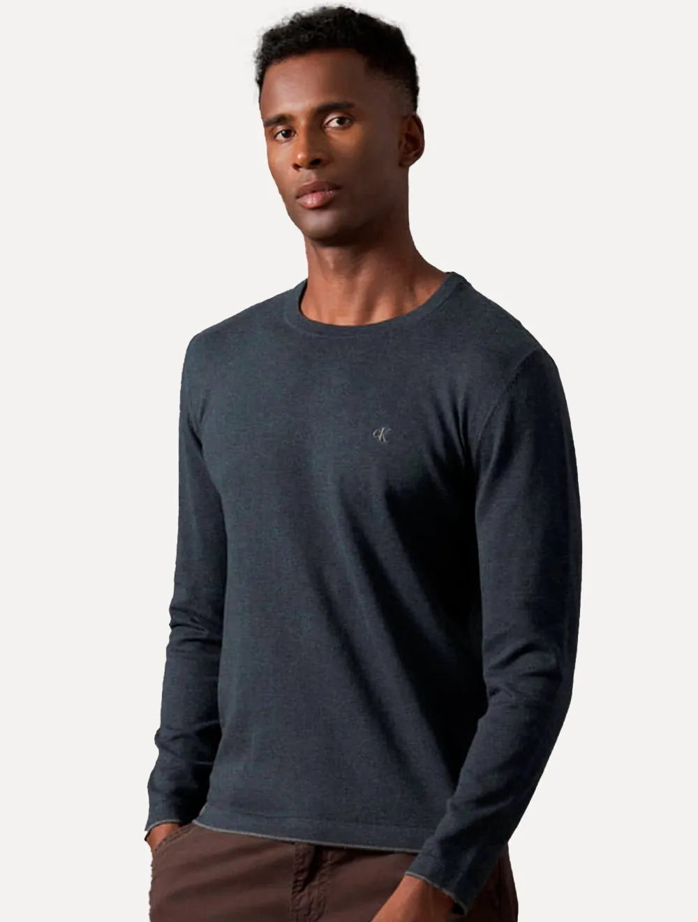 Suéter Calvin Klein Jeans Masculino Tricot Gola Careca com Logo Azul Marinho