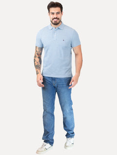 Polo Tommy Hilfiger Masculina Slim Piquet 1985 Azul Claro Mescla