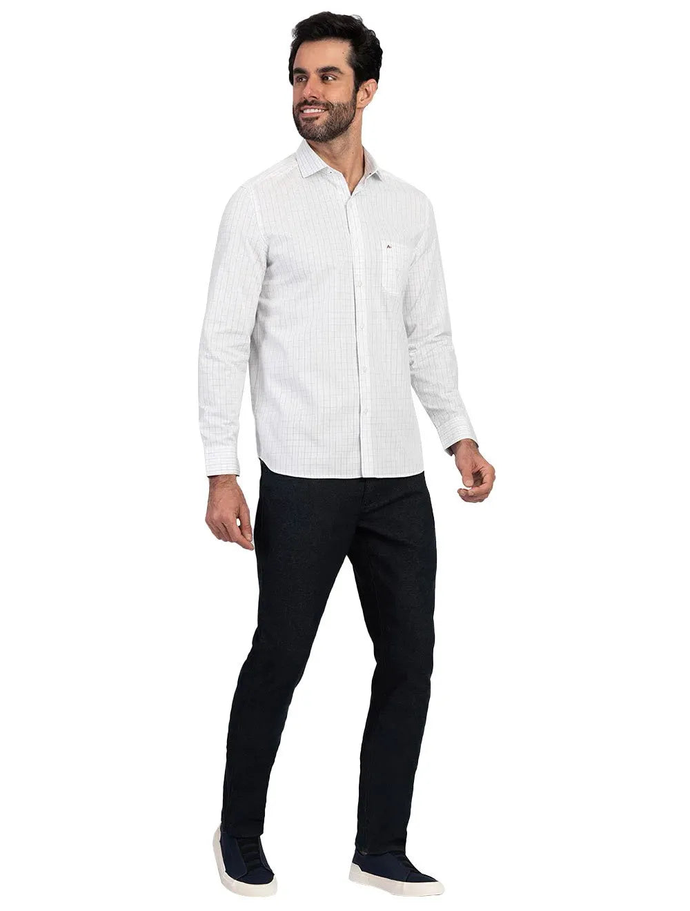 Camisa Aramis Masculina Regular Tricoline Micro Plaid Xadrez Azul Cáqui Branca