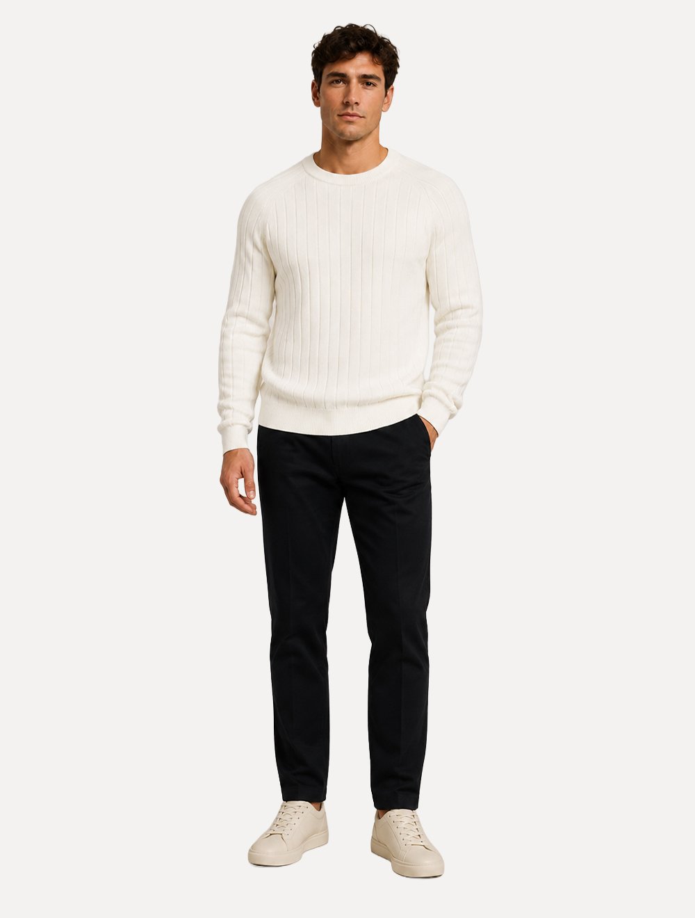 Suéter Dixen Masculino Tricot Manga Longa Texturizada Vertical Off White