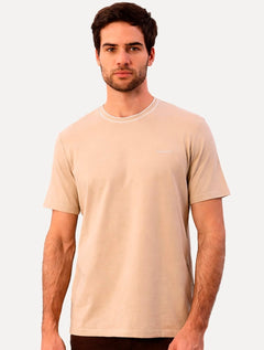 Camiseta Calvin Klein Masculina Gola Alta Friso Logo Bordado Cáqui Claro