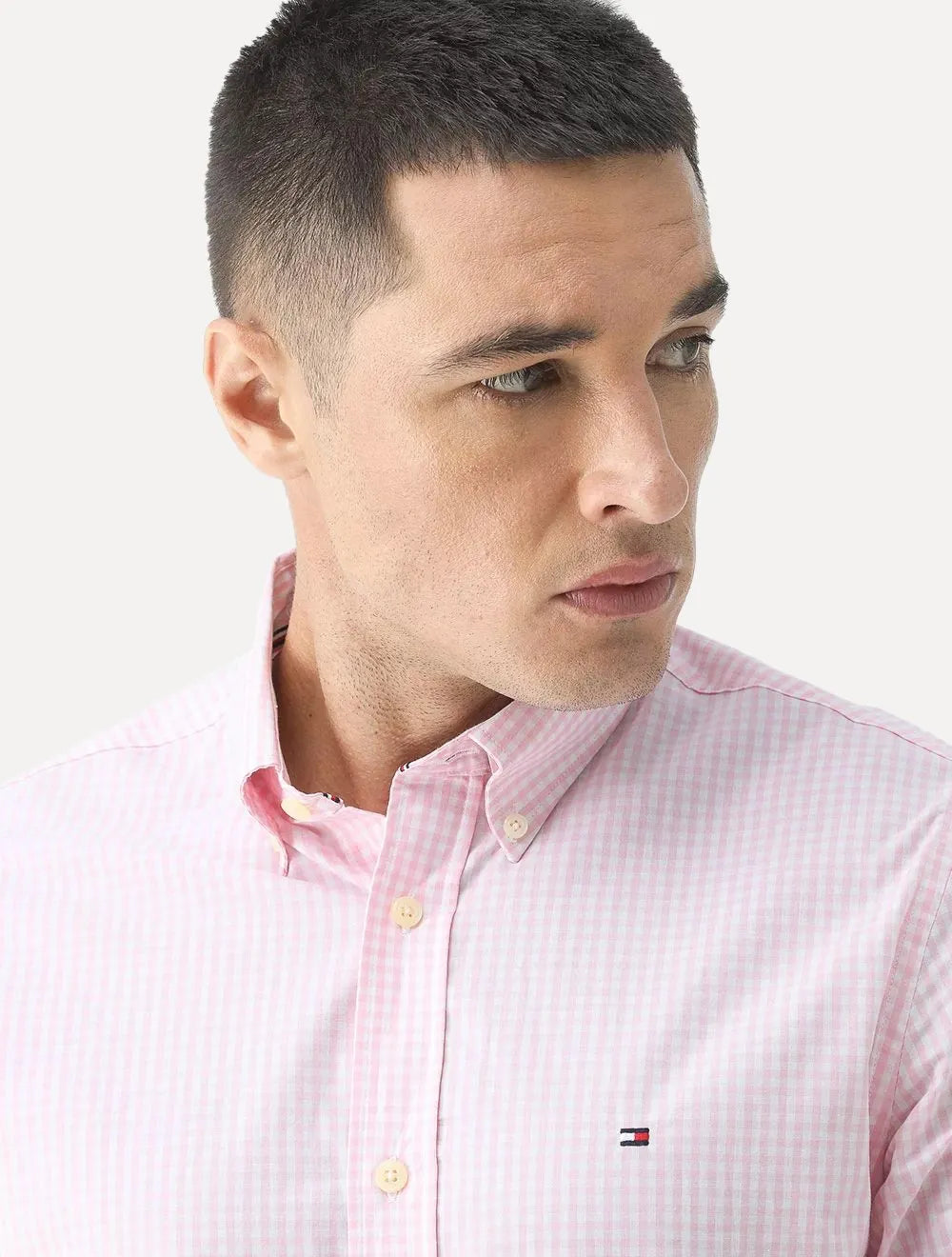 Camisa Tommy Hilfiger Masculina Xadrez Gingham Branca/Rosa Claro