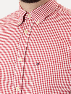 Camisa Tommy Hilfiger Masculina Manga Curta Xadrez Gingham Branca/Vermelha