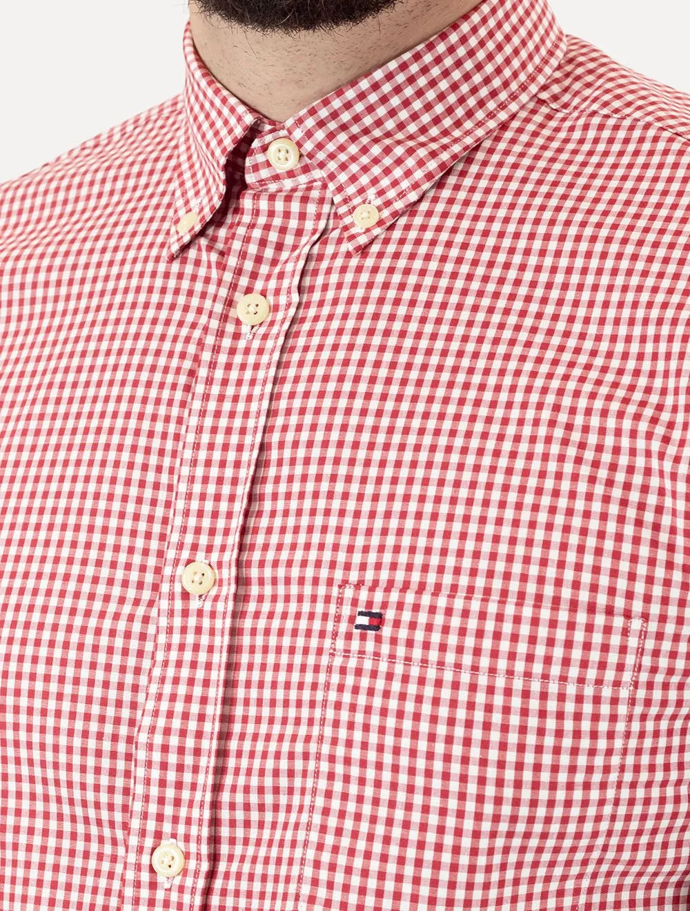 Camisa Tommy Hilfiger Masculina Manga Curta Xadrez Gingham Branca/Vermelha