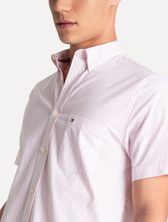 Camisa Tommy Hilfiger Masculina Manga Curta Regular Listrada Oxford Rosa Claro