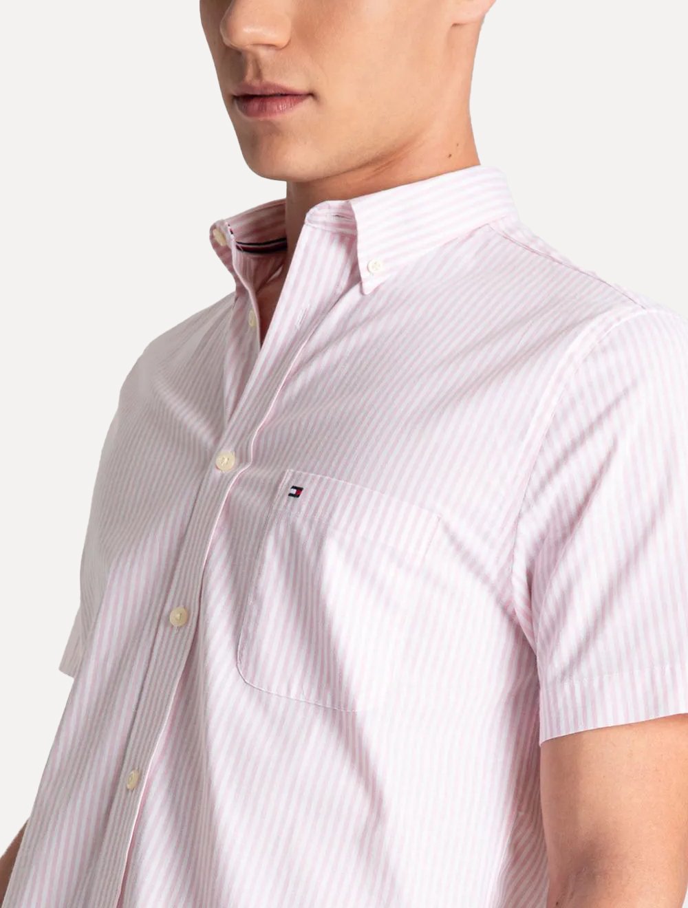 Camisa Tommy Hilfiger Masculina Manga Curta Regular Listrada Oxford Rosa Claro