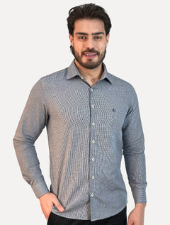 Camisa Dudalina Masculina Superfine Slim Tricoline Quadriculado Mono Logo Azul Marinho