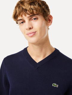 Suéter Lacoste Masculino Regular Fit Gola V Logo Azul Marinho