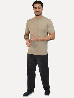 Camiseta Dixen Masculina Tricot Manga Curta Friso Vertical Gola Careca Areia
