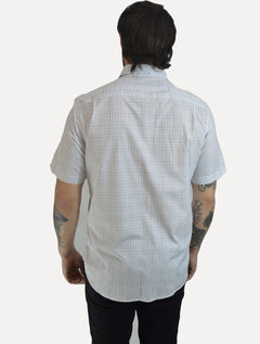 Camisa Dudalina Masculina Manga Curta Slim Flamê Blue Xadrez Branca