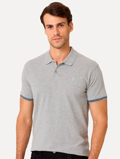Polo Dudalina Masculina Piquet Jacquard Gola Sem Friso Cinza Mescla